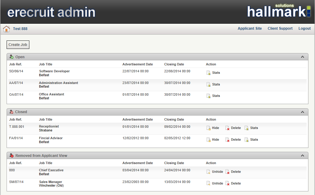 Jobs uploaded from PAMS will appear on the admin panel of eRecruit, jobs are split into Open, Closed, Removed from view to allow HR to organise their jobs.